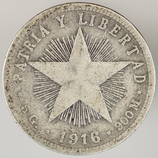 Cuba 1916 Fine Reading 20 Centavos Low Relief Star A3566