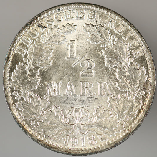 Germany 1918 F German Empire silver 1/2 Mark (Error) A3545