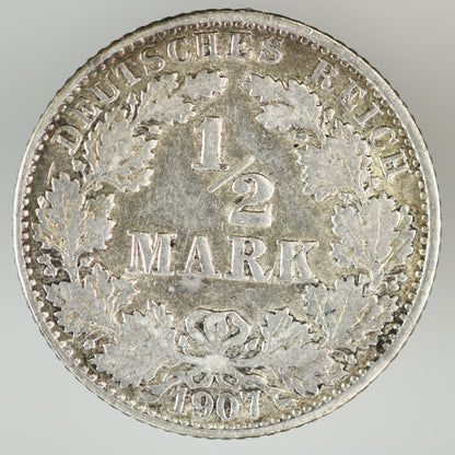 Germany 1907 J German Empire Silver 1/2 Mark A3581