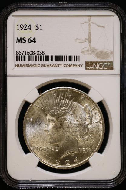 US 1924 Peace Silver Dollar MS-64 NCG S799