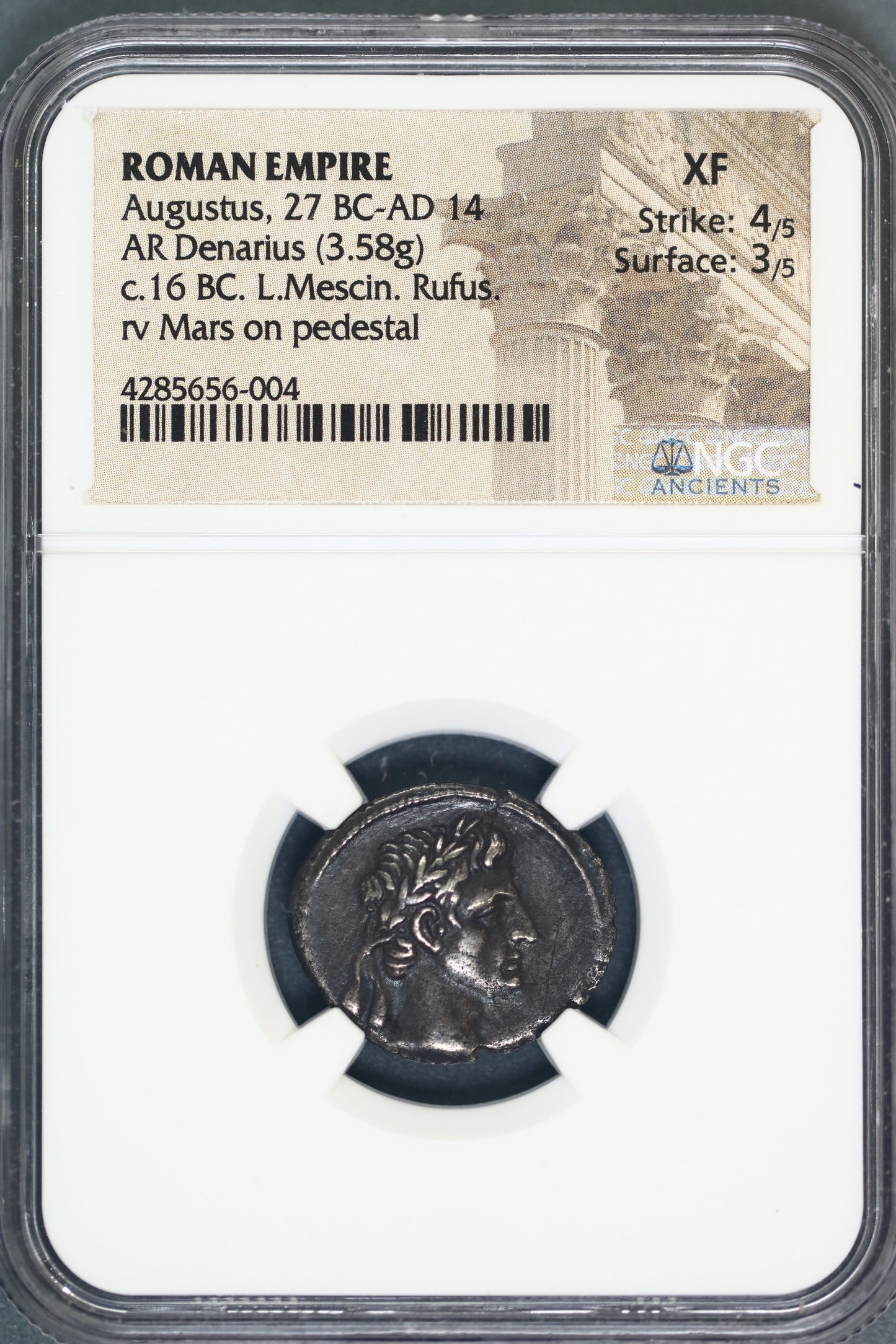 Roman Empire Ag Denarius circa 16 BC  Augustus 27 BC - AD 14   NGC XF   S98
