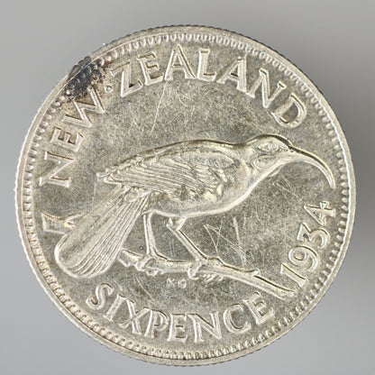 New Zealand 1934 6 Pence featuring a Huia bird on the reverse A3609