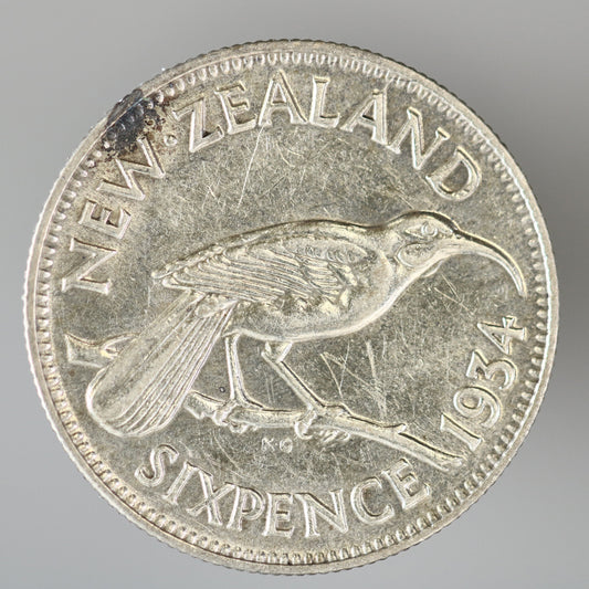 New Zealand 1934 6 Pence featuring a Huia bird on the reverse A3609