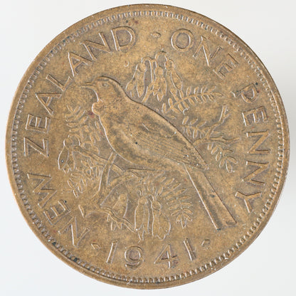 New Zealand 1941 One Penny featuring a tūī bird perched on a kōwhai branch A3607
