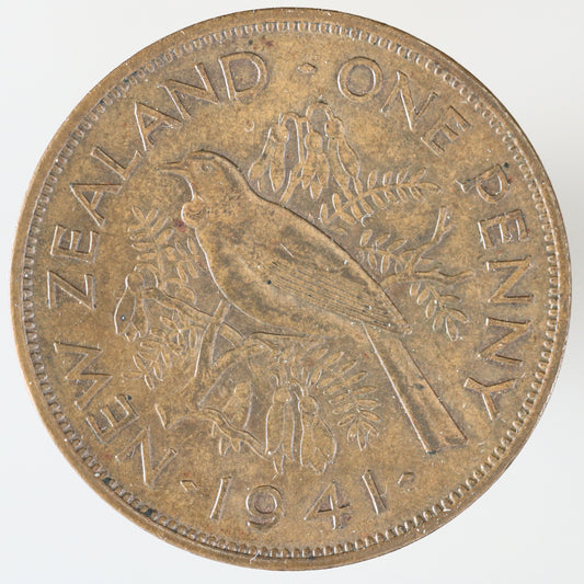 New Zealand 1941 One Penny featuring a tūī bird perched on a kōwhai branch A3607