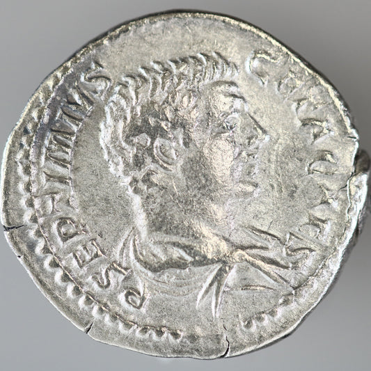 Roman Imperial 198 - 209 AD AR Denarius featuring the portrait of Emperor Geta A3611
